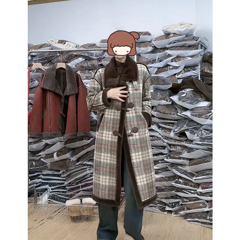 Vintage Plaid Fur One Jacket Women Overcoat Autumn Winter New Vertical Collar Thick Warm Parker Coat Fluffy Mid-Length Fur Coat