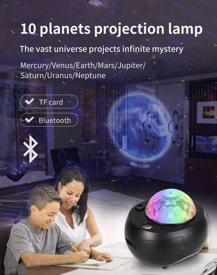 Lâmpada noturna projetor céu estrelado dez planetas com música decoração do bebê lua rotativa galáxia com aplicativo presente de aniversário para crianças