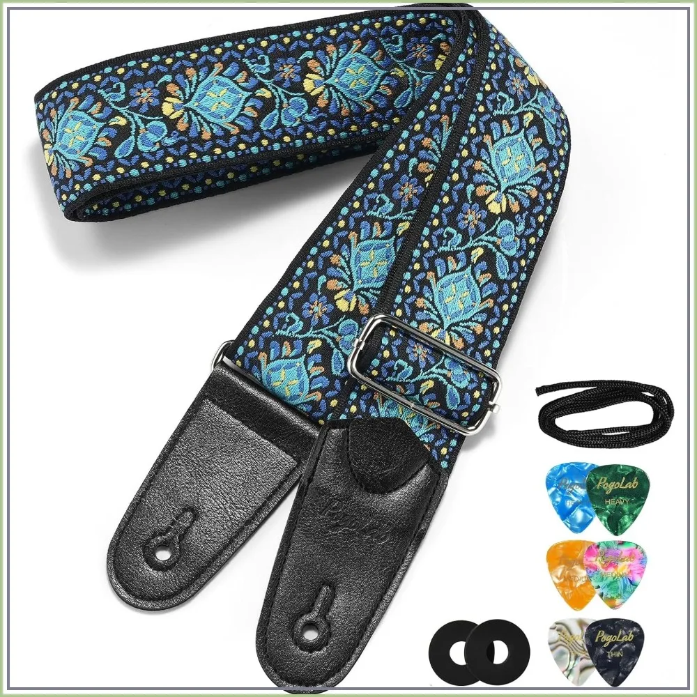 2" Wide Jacquard Embroidery Cotton Adjustable Bass Guitar Strap with Leather Ends, Strap Locks & Picks