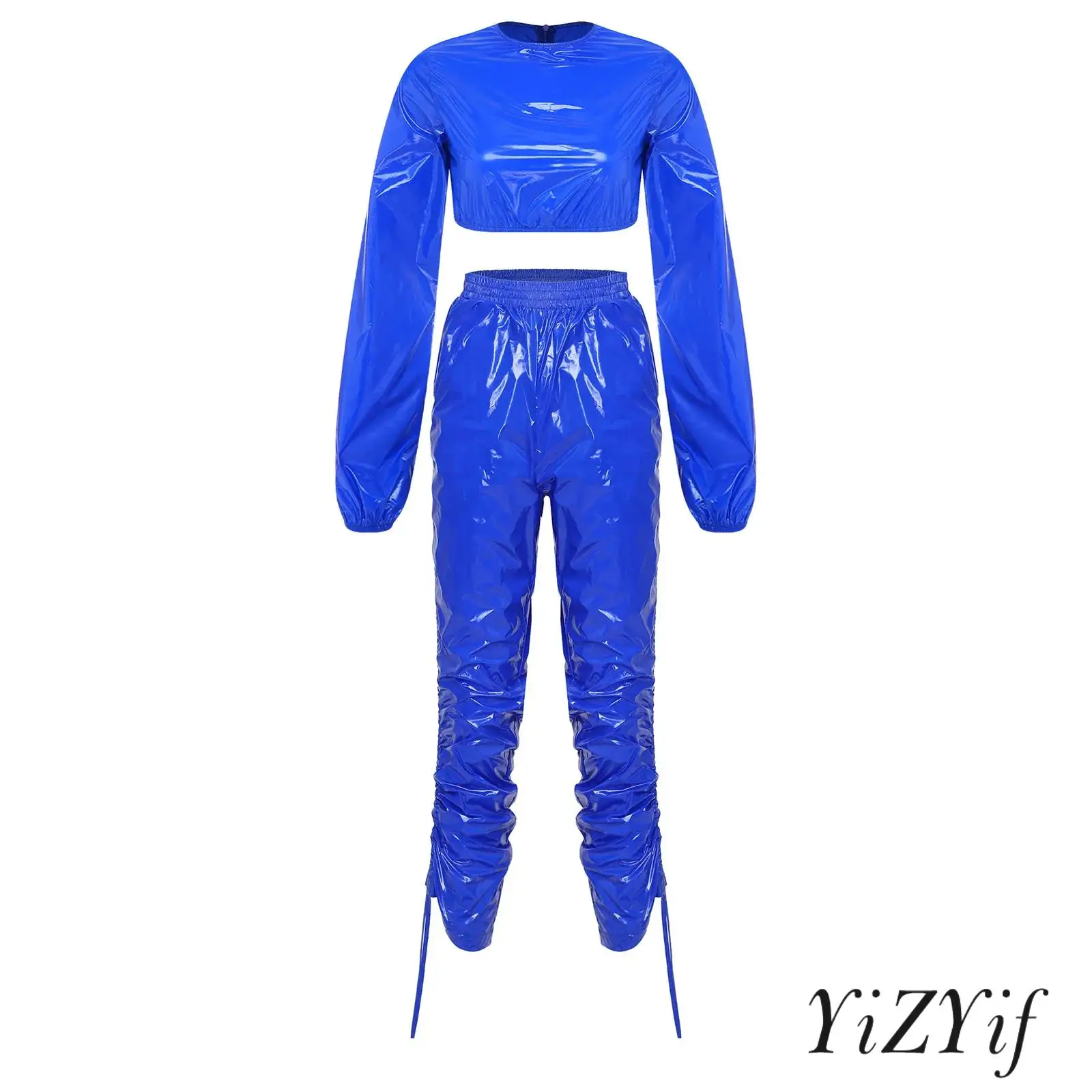 Women Vinyl Waterproof Sweat Suit Long Sleeve Back Zipper Crop Top and Elastic Waistband Capri Pants with Sides Drawstrings