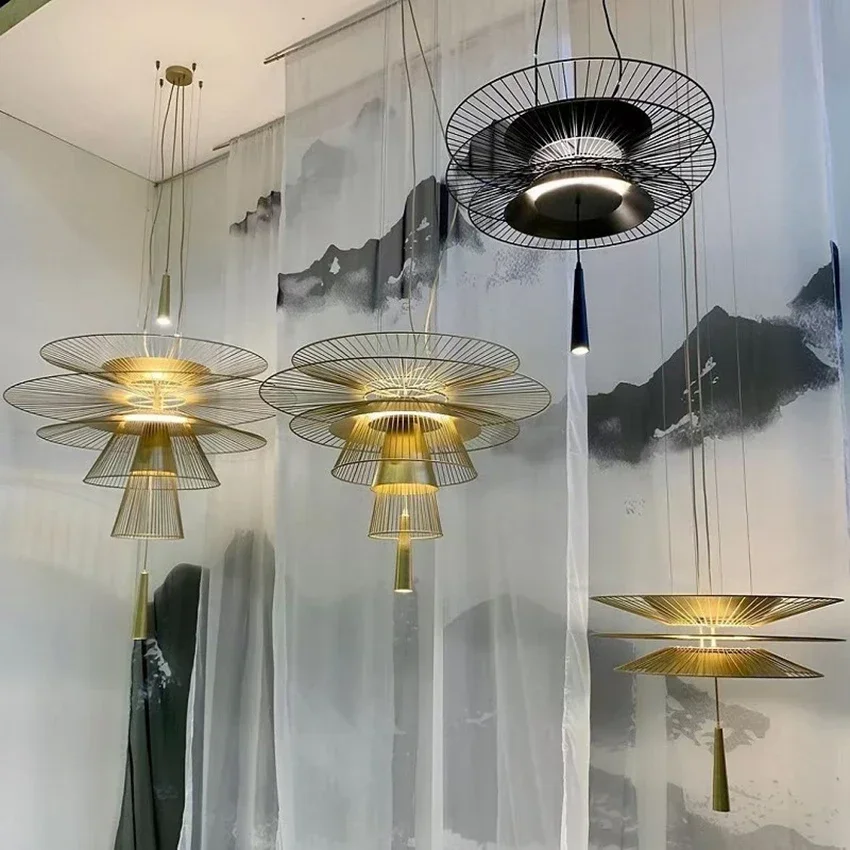 Metal Wire Pendant for Villa, Beam Light, Tendência preta e dourada, Luxury Beam Light, Decoração da sala, Novo