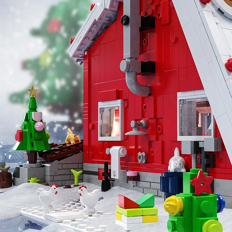 Creative 2159Pcs Christmas Tree Winter Village House With Lights Model Building Blocks MOC Snow Hut Mini Bricks Toys Xmas Gifts