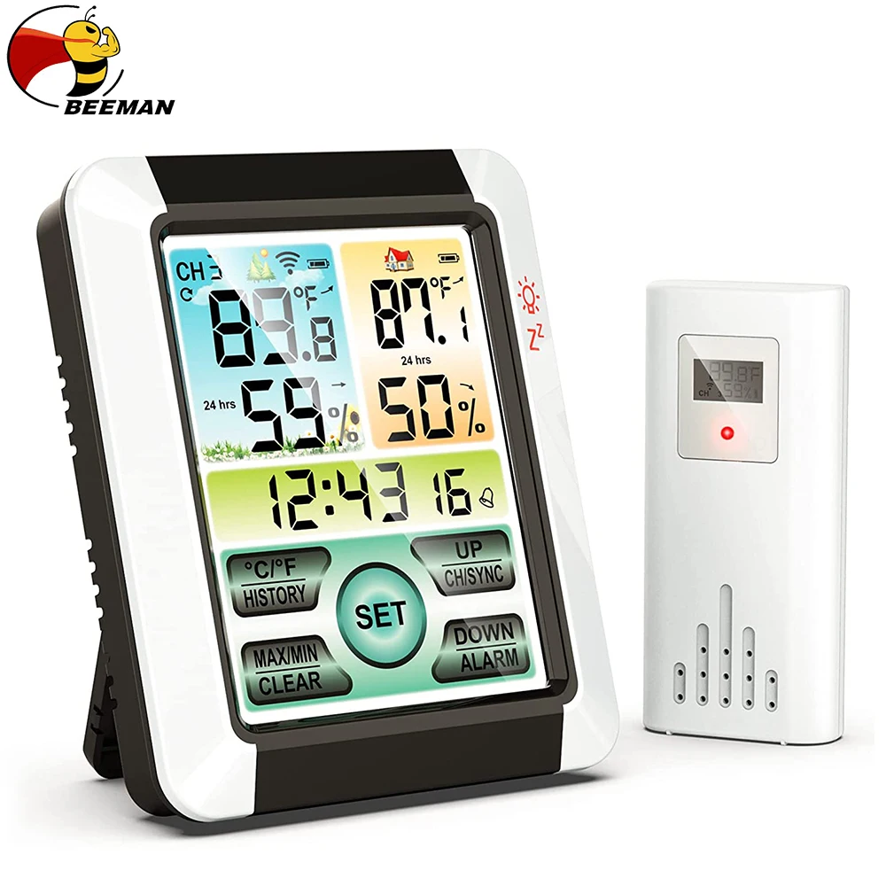 

BEEMAN Touch Screen Indoor Outdoor Digital Weather Station Backlight Alarm Clock With Wireless Sensor Temperature Humidity Meter