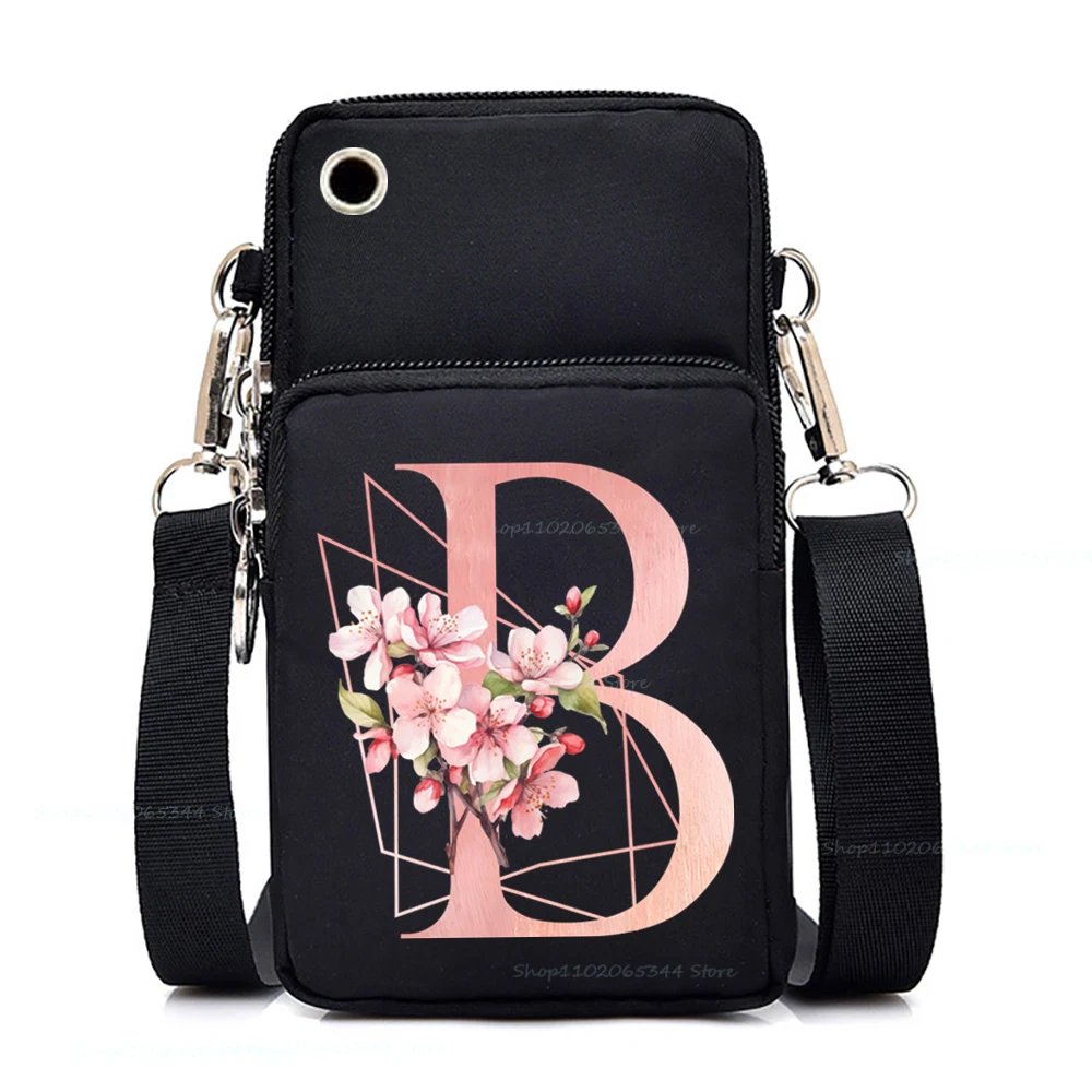 Mini Mobile Phone Bag Sakura Alphabet A-Z Women Phone Shoulder Bags Fashion Floral Surname First Letter Teen Purses Handbags