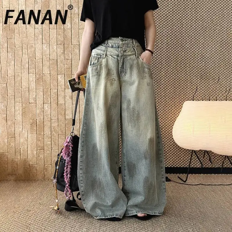 

FANAN 2026 Summer New Women American Style Waste Land Double-Waist Designs Distressed Washed Denim Casual Wide Leg Pants