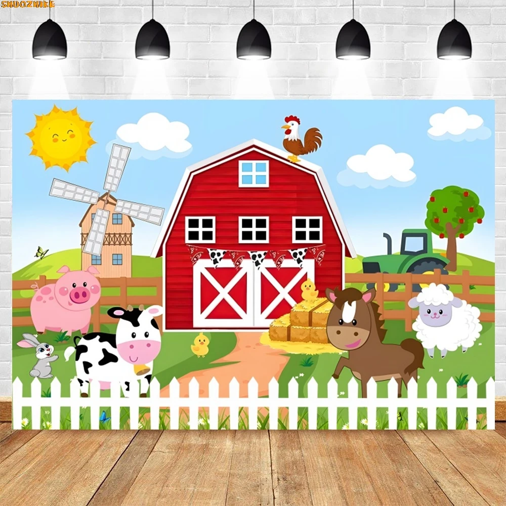 

Cartoon Farm Red Barn Photo Background Rural Farm Animal Wooden Fence Baby Birthday Party Decor Photography Backdrop Props