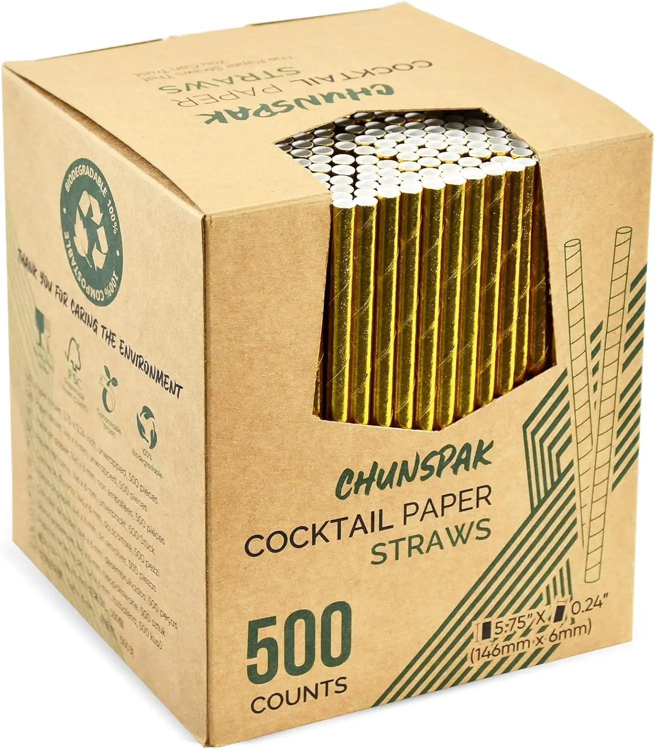 

5.75 Inch Disposable Gold Paper Straws & Stirrers, 500 Counts for Cocktails, Parties, Bars