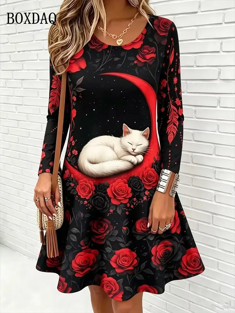 Cute Cat Floral 3D Print Dresses Women's Fashion Gradient Long-Sleeve Dress Autumn Winter Daily Casual Women's Loose Home Dress view 6
