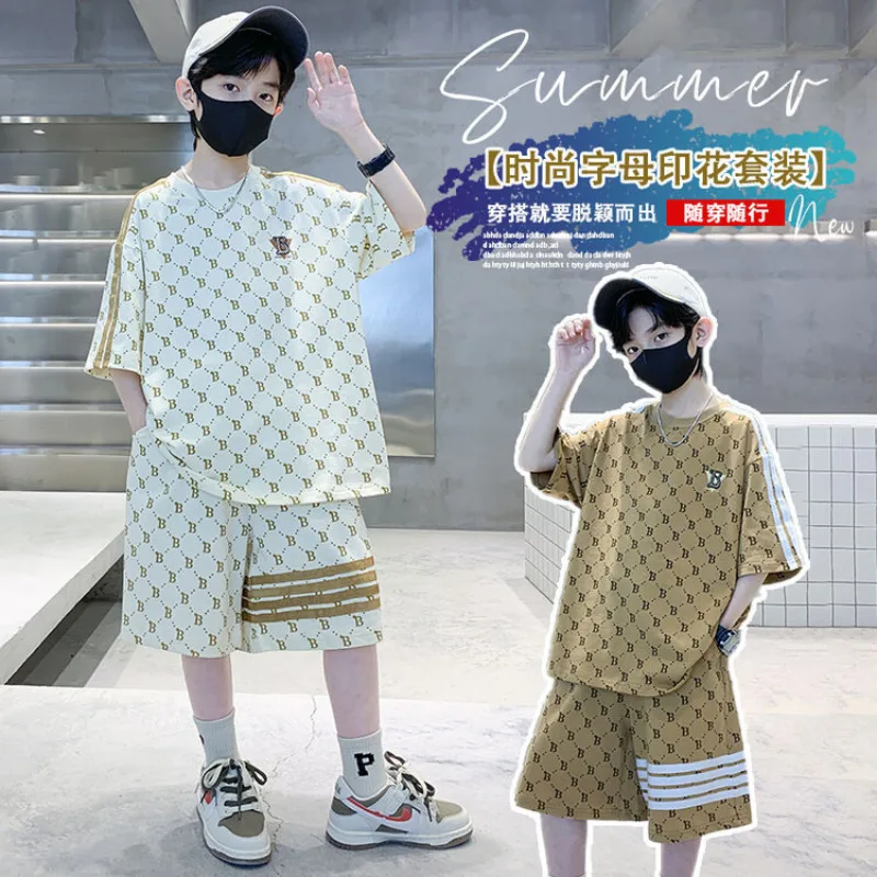 Kids Clothes Boys Summer Strip Top & Shorts 2 Pieces Set Teenage Boy Full Print Letter Tracksuit Cool Boy Pullover T-Shirt Set