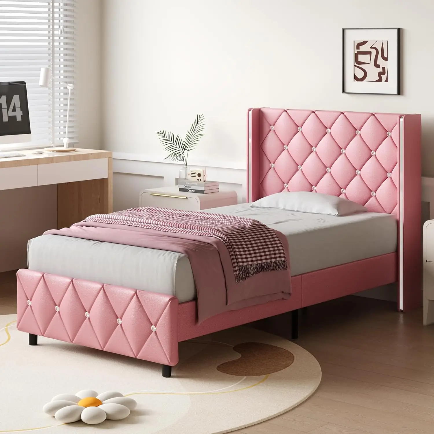 Estrutura de cama de solteiro, estrutura de cama estofada com cabeceira capitonada de diamante, estruturas de cama de solteiro para meninas, cama de princesa fofa, falso L