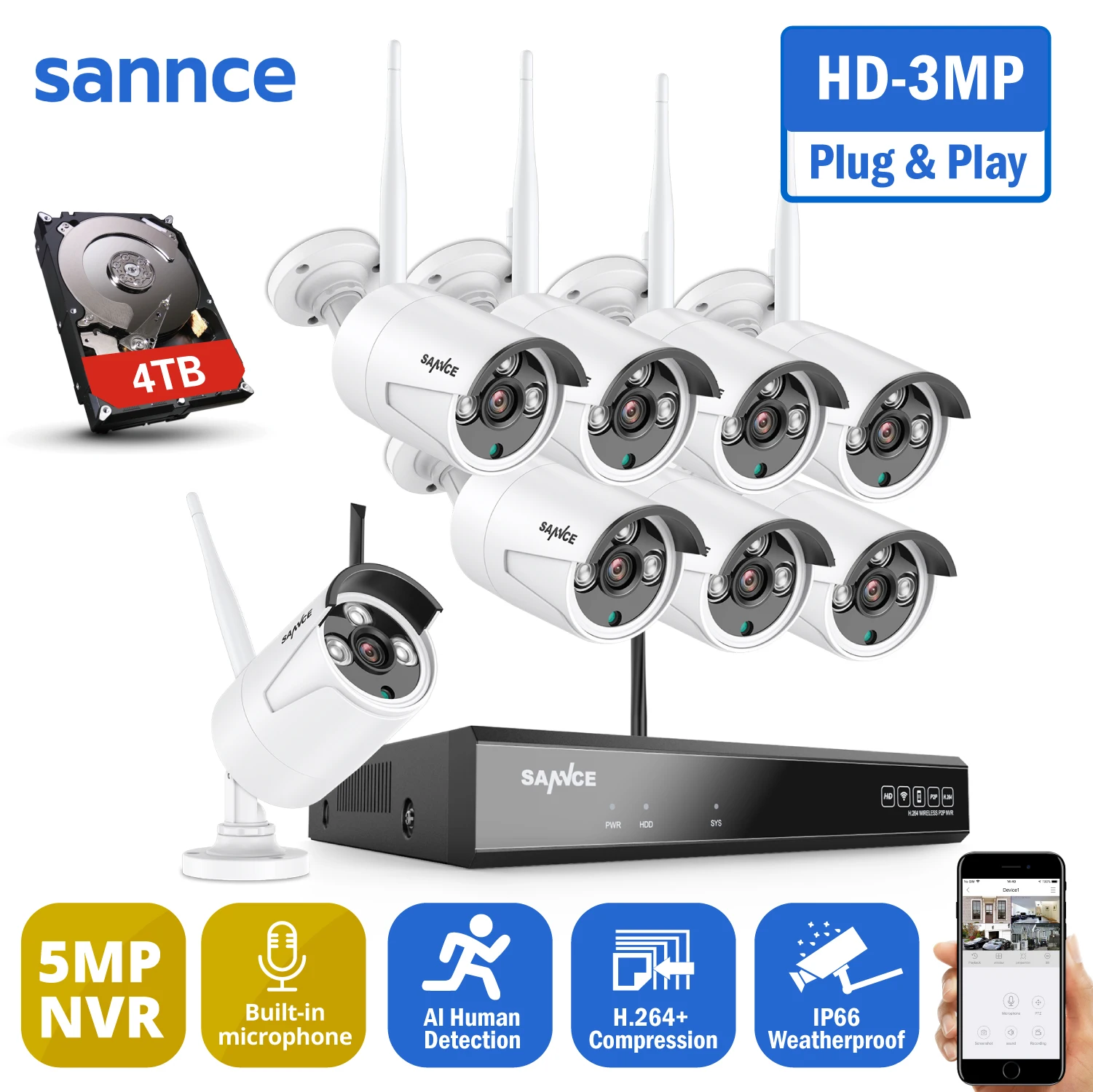 SANNCE 8CH Wireless NVR CCTV System 3MP IP Camera WIFI Audio Recording IR Night Vison CCTV Home Security Camera Surveillance Kit