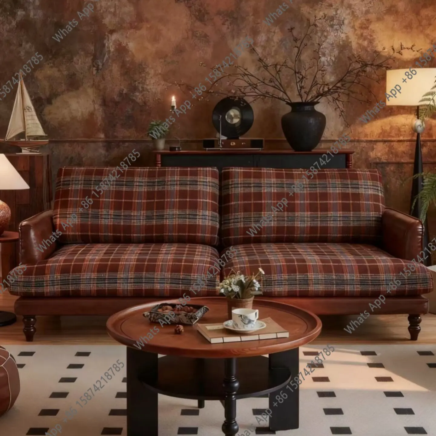 

American retro plaid fabric sofa fabric antique French three-person leather cloth B & B can be dismantled and washed