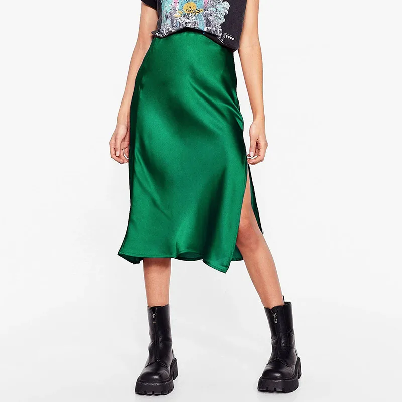 

Women's Fashion Satin Midi Skirt Elegant Elastic High Waist Side Split A-Line Skirts Solid All-Match Office Lady Pencil Skirt