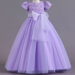 Children's Princess Dress Rose Bow Solid Color Christmas Wedding Flower Girl Piano Performance Dress Long Shaggy Skirt