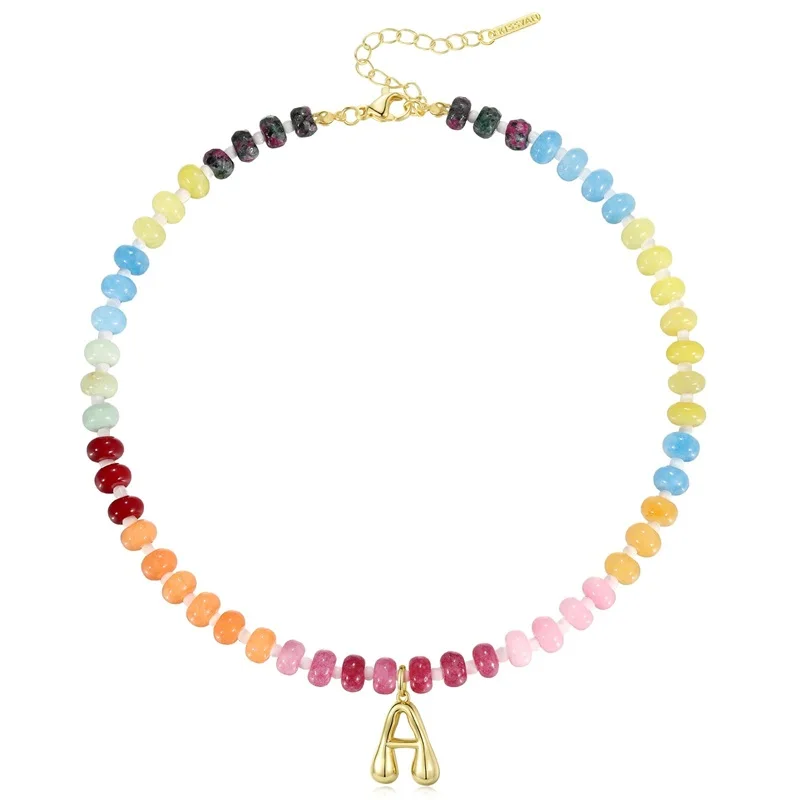 

Initial Necklaces for Women Colorful Beaded Gemstone Choker 14K Gold Bubble Letter Pendant Necklace Natural Stone Beach Jewelry