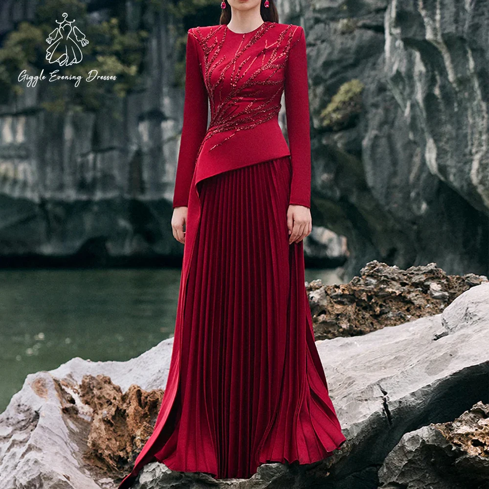 

Giggle Роскошное бордовое вечернее платье с длинным рукавом и вышивкой из бисера, плиссированное скромное вечернее платье в Саудовской Аравии, вечернее платье по индивидуальному заказу