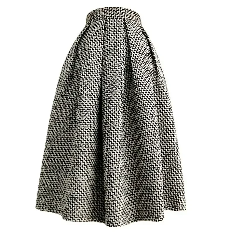 2025 nuova moda tweed con tasca gonna al ginocchio inverno donna vintage addensato a vita alta pieghe gonne a trapezio gonne