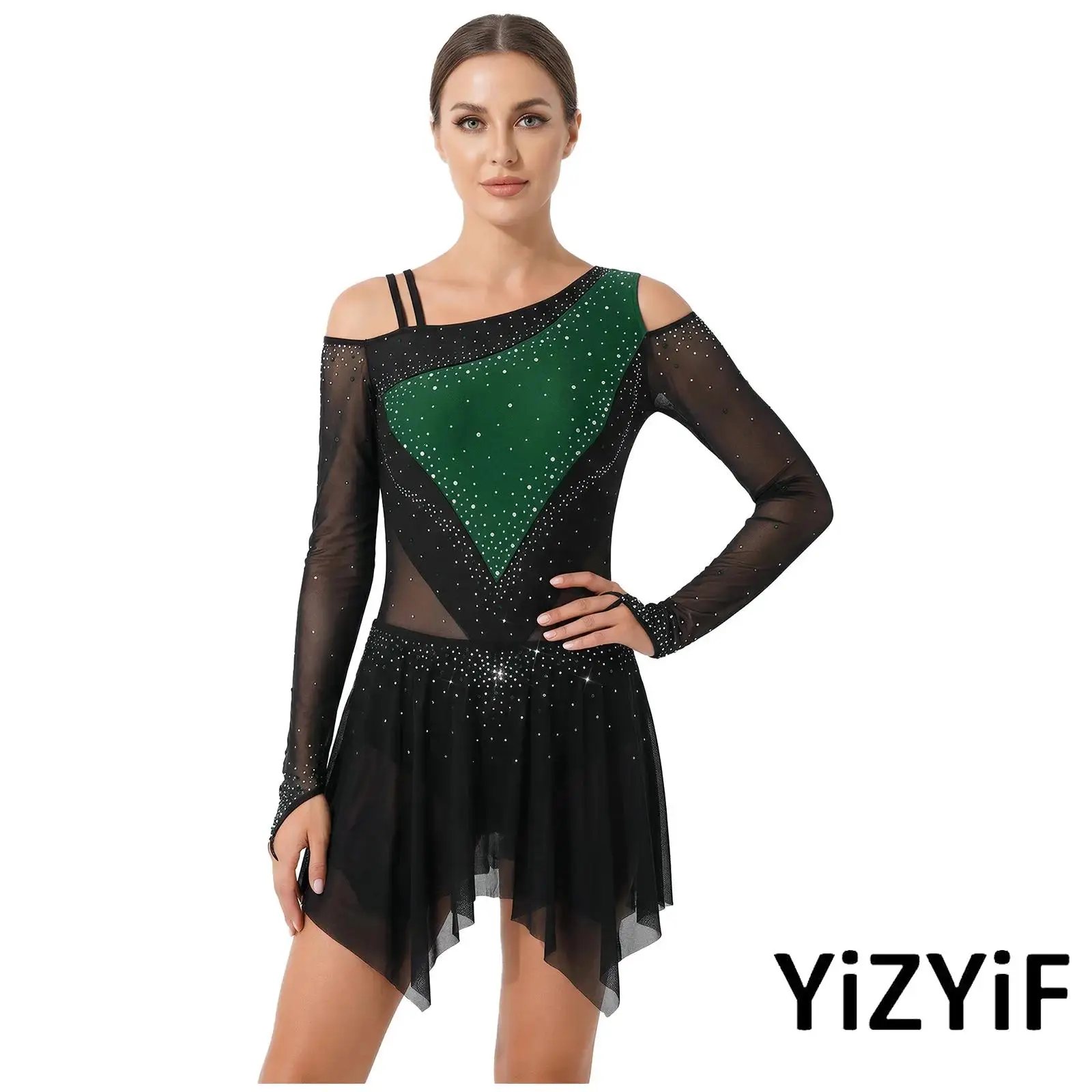 Abito da pattinaggio di figura radiante da donna Spalla asimmetrica Strass di cristallo Abito body con orlo in rete irregolare per spettacoli di danza