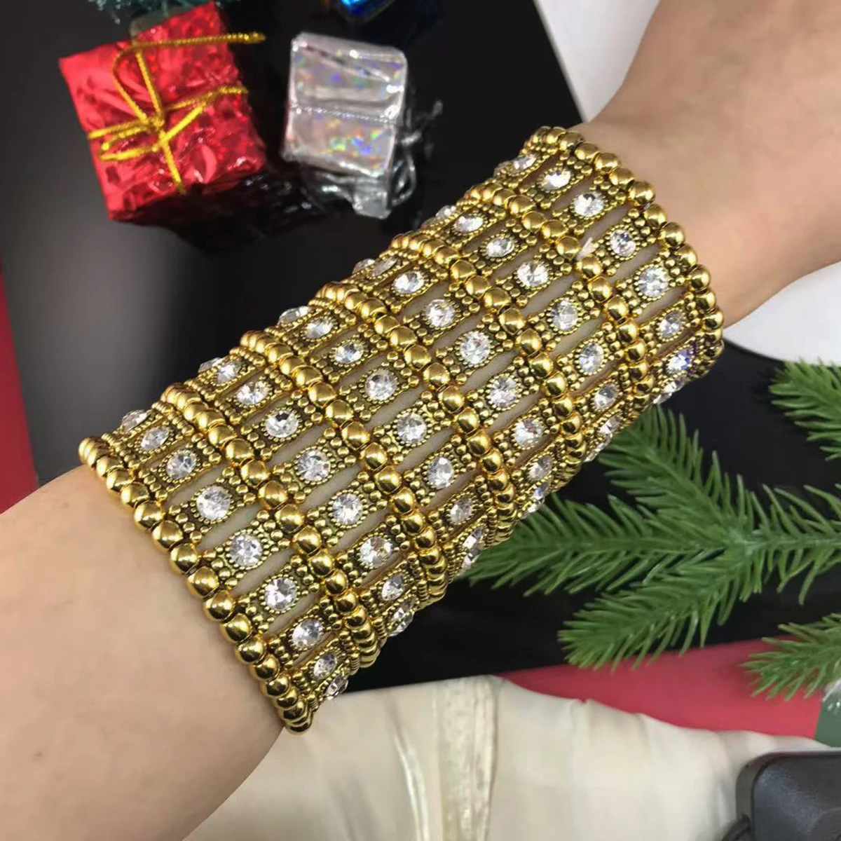 Classic New Fashion Antique Alloy Bracelet Elastic Bracelet Set With Crystal Wide Bracelet