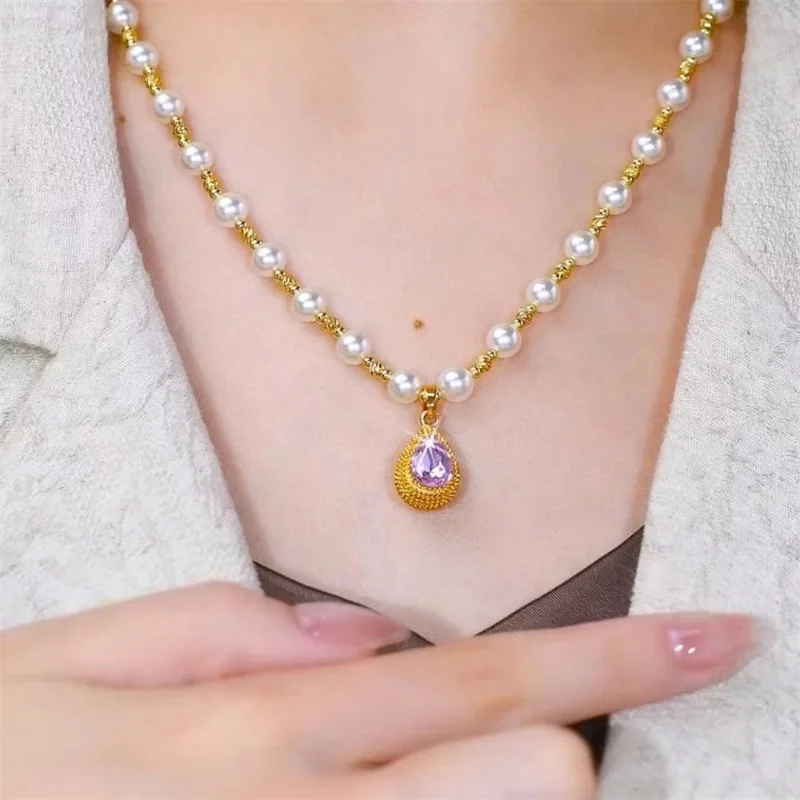 1Pc Women Elegant Luxury Faux Pearl Necklace With Purple Synthetic Diamond - Vintage Style, Zinc Alloy, For Daily & Party Wear,