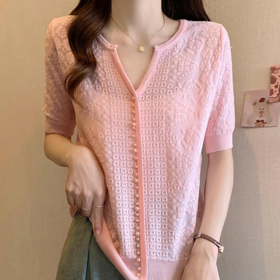 

2024 New Ice Silk Short Sleeve Beading Sweater T-shirt Women Hollow Knitted Pullovers T-Shirt Thin Summer Chic Ladies Knitwear