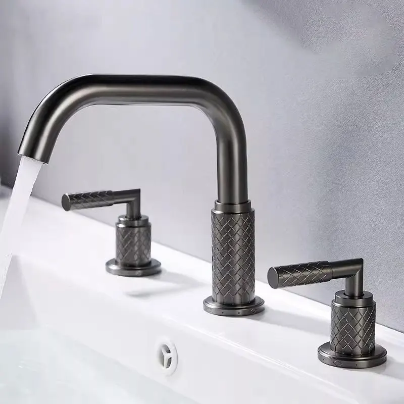 

Bathroom Sink Faucet Dual Handle Mixer Black Hot & Cold Water Deck Mounted Tub Faucets Brushed Gold 3 Hole Basin Tap