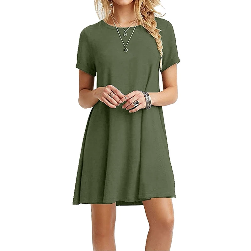 Fashion Women Spring Summer Casual Dress Short Sleeve Solid Color Beach Wear O-neck  Party Dresses Loose  Cotton Dress