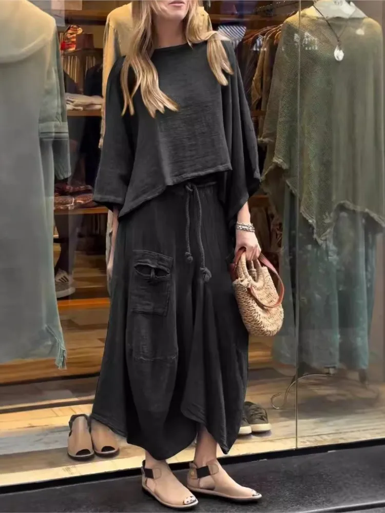 Casual Solid Color Loose Lace-up Skirt Women 2 Piece Set Spring And Autumn New Y2k Fashion Retro Type Female Street Dress Suit