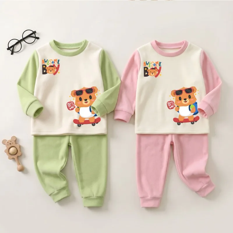 2026 Herbst Winter Kinder Casual Bequeme Schlafanzüge Kinder Hauskleidung Sets Jungen Oberteil mit Langen Ärmeln und Hose 2-teiliges Set