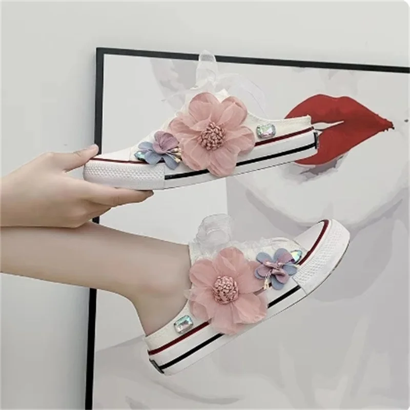 

Женские парусиновые туфли Heelless, повседневные туфли на шнуровке с полуцветами и кристаллами, без застежки, на плоской подошве