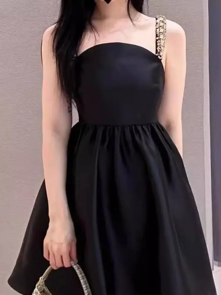 

Women Black Mini Dress Rhinestone Decoration Sleeveless High Waist Elegant Summer 2024 Robe