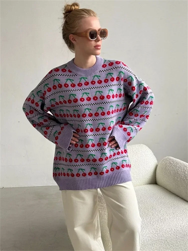 

Printed Knit Sweater Pullover For Women Loose Patchwork Contrast Long Sleeve Vintage Fashion Top Knitwear Women's Pullover