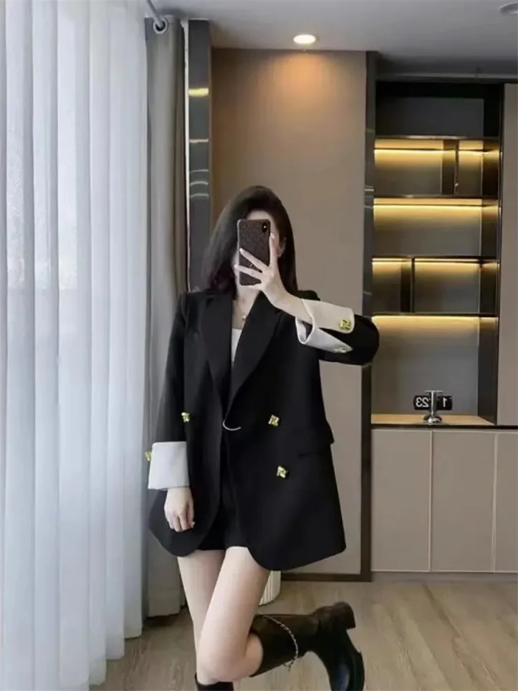 2025 nuevo Popular estilo coreano Hepburn negro y blanco Patchwork Blazer abrigo Top de manga larga para mujeres