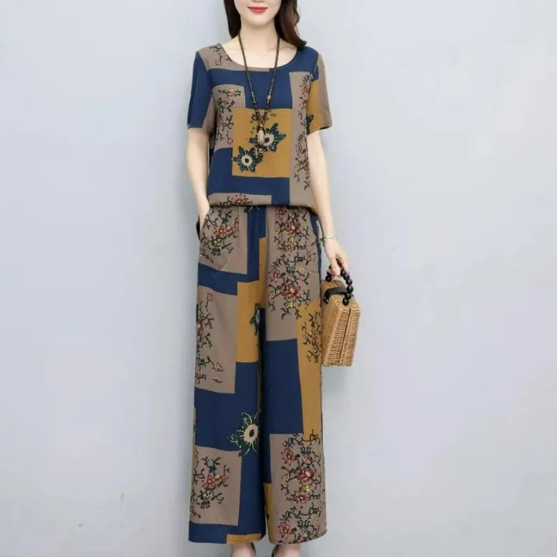 2-delige sets vrouw outfit zomer vintage elegante geruite o-hals korte mouw blouse dames hoge taille losse casual rechte broek