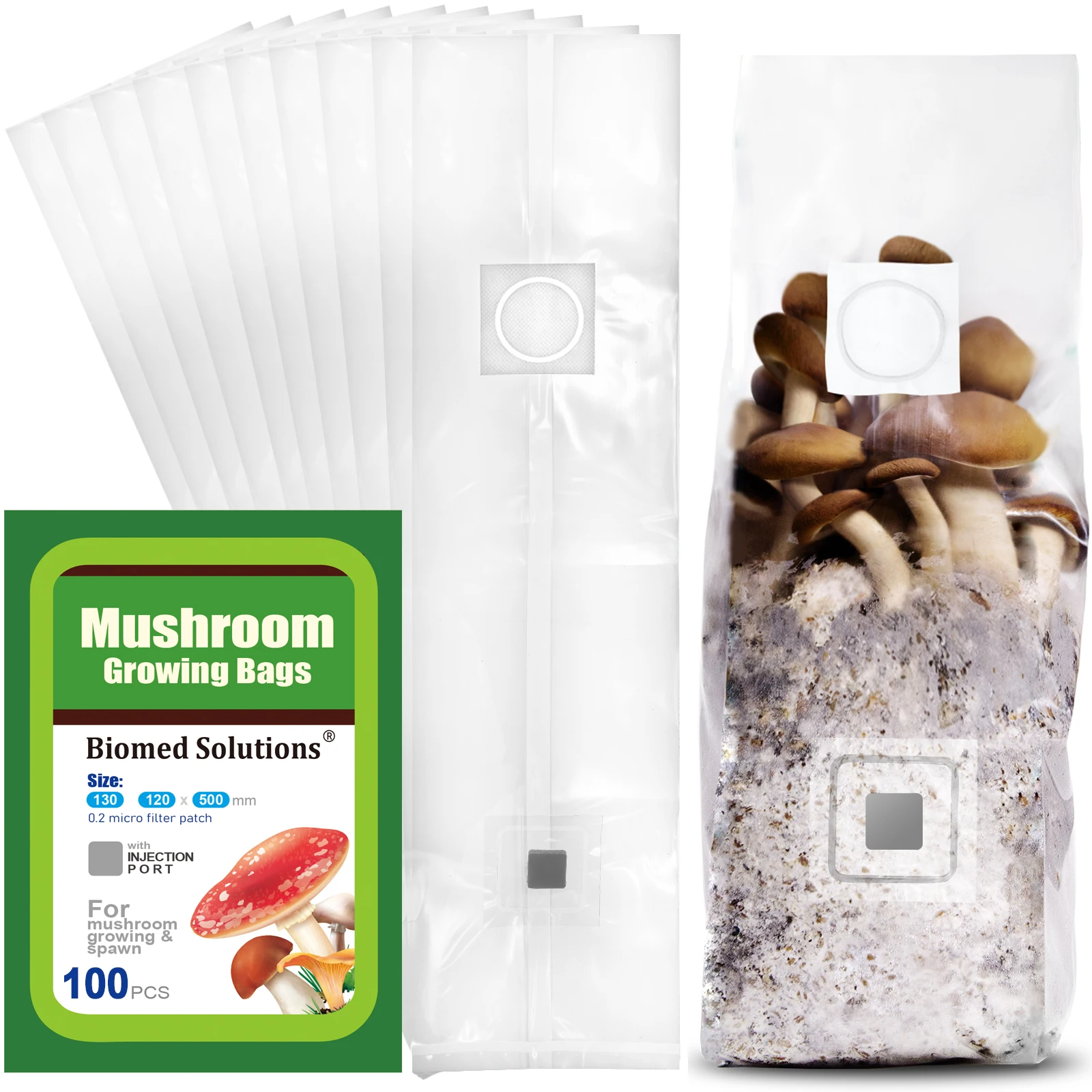 

Mushroom Grow Bags with Injection Port and 0.2 Micron Gas Exchange Filter, 6 Mil Polystyrene Grow Bag for Cultivation,100PCS
