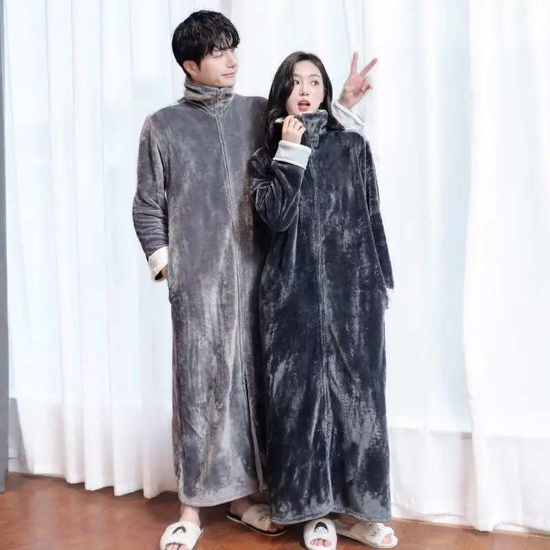 2025 New Flannel Zipper Nightgown Men Women Double-sided Thicken Flannel Pajamas Solid Color Couples One-piece Home Sleeprobe