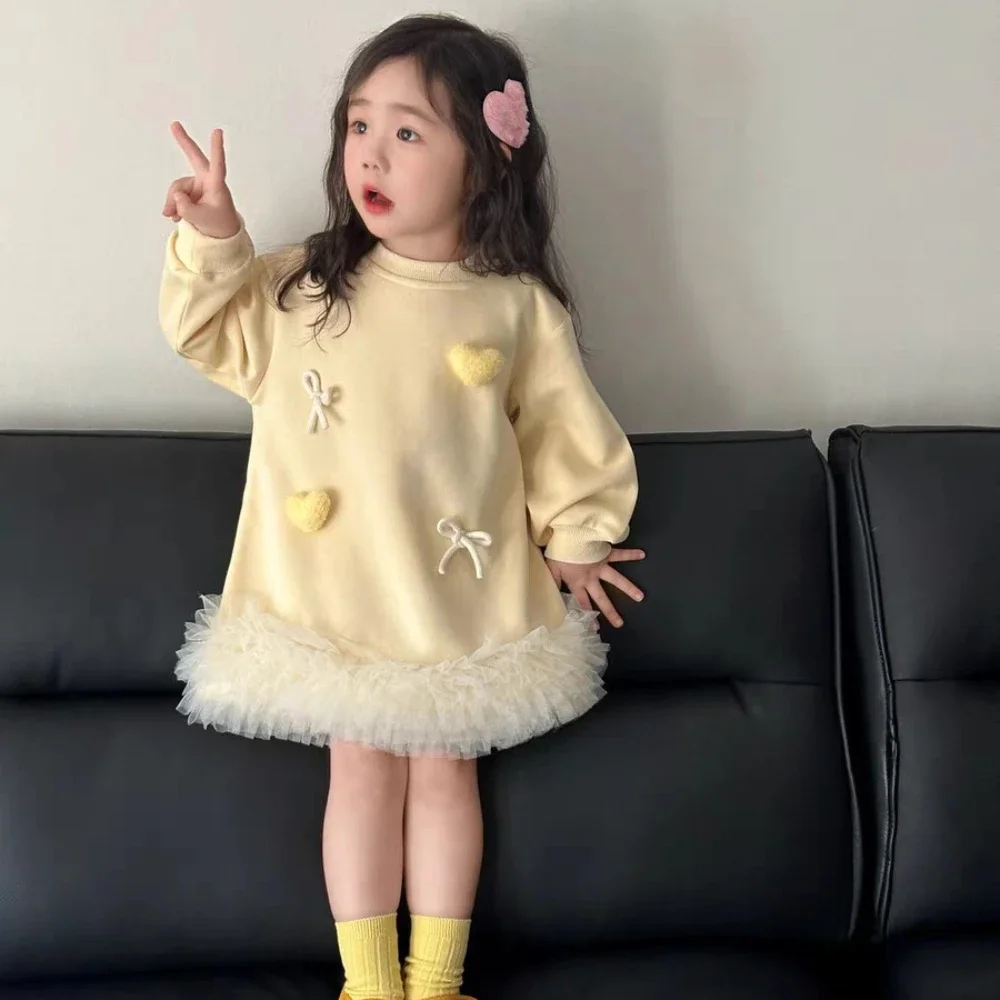 Autumn Long Sleeved Cute Girls Dresses Love Bow Decoration Children's Clothing Korean Version Splicing Mesh Princess Dress