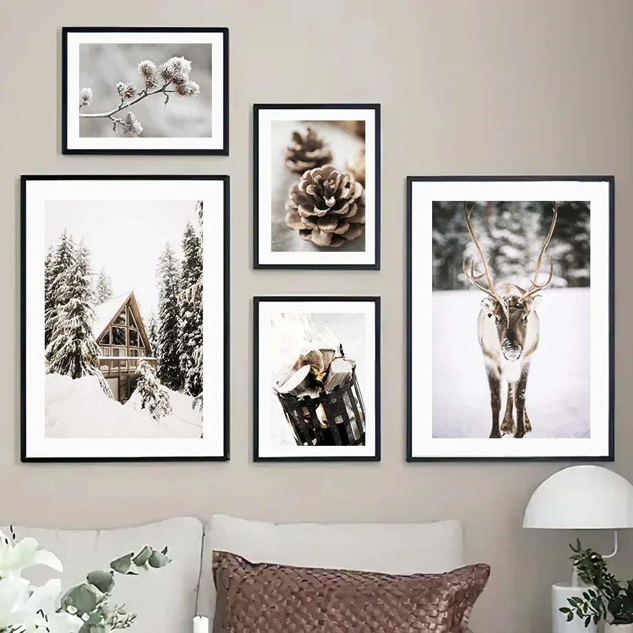 Winter Pine Tree House Elk Flower Wall Art Canvas  Nordic Posters PaintingAnd Prints Wall Pictures For Living Room Decoration