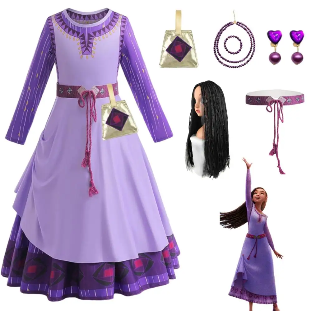 

Princess Asha Wish Dress for Girls Cosplay Purple Dress asha Costume Kids Christmas Carnival Party Fancy Clothes Wig