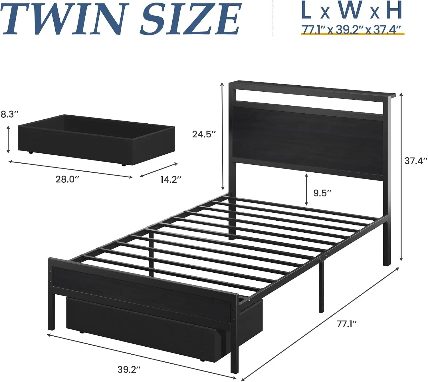 Twin Bed Frame Storage Headboard Drawer Charging Station Led Light No Box Spring Needed Noise Free Easy Assembly Classic Black