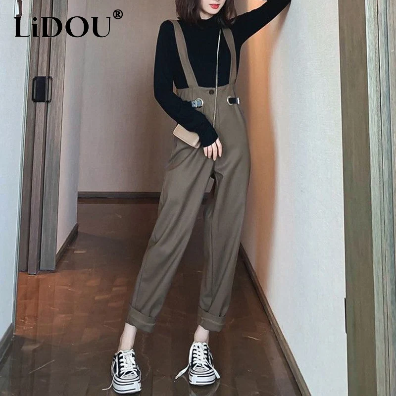 

2023 Spring Autumn Solid Color Waist Three-dimensional Decoration Overalls Women Fashion Vintage Elegant High Street Trousers