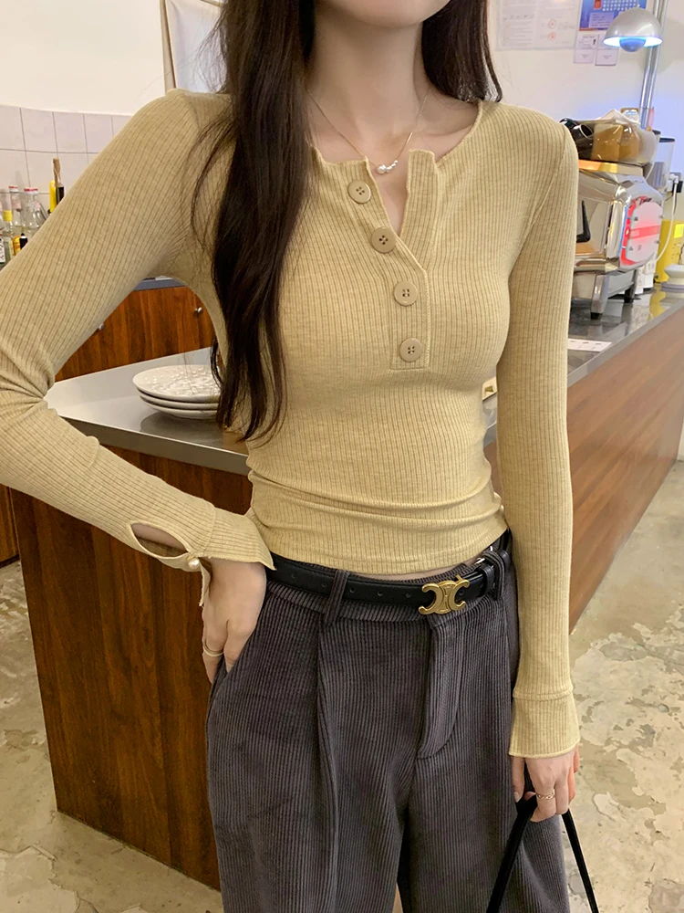 Long Sleeve V-Neck Button Placket Base Shirt Women's Autumn New Style Design Sense Shoulder Inner Wear Top Fashion Korean Style