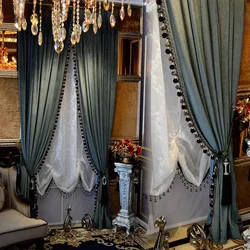 European Thick Solid Color Gray Velvet Curtain for Living Room Bedroom Luxury Drapery Door Bead Curtains Beaded Blackout Custom