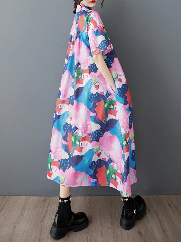 한국 슬레 플러스 사이즈 여성 여름 신상 루즈핏 패션 프린트 슬리밍 고급 롱 셔츠 캐주얼 칼라