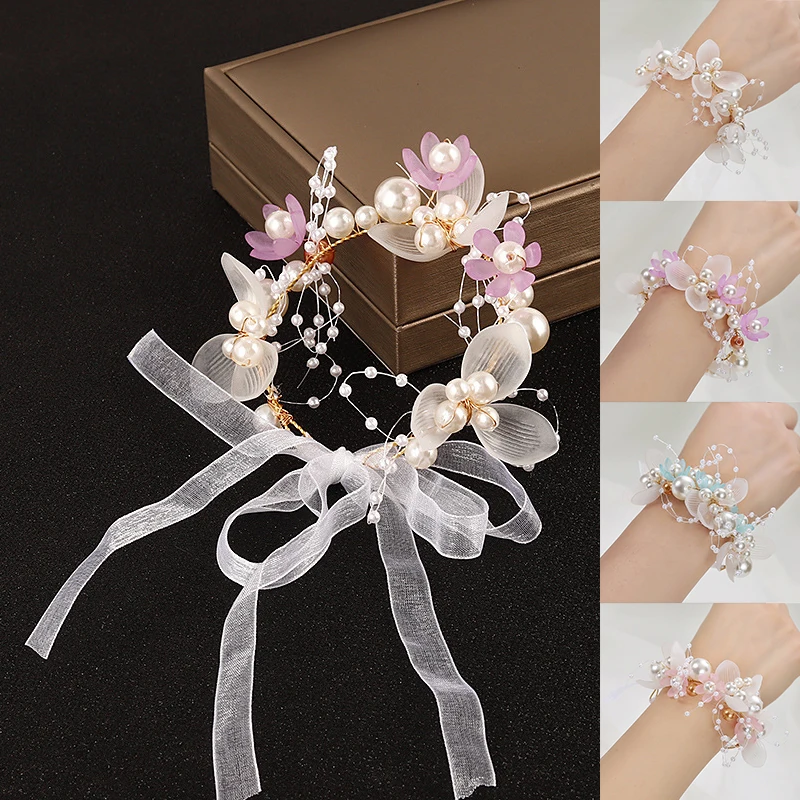 Luxury Elegant Bridesmaid Pearl Crystal Wrist Flower Bracelets Handmade Wedding Party Bridal Prom Wrist Jewelry Accessories