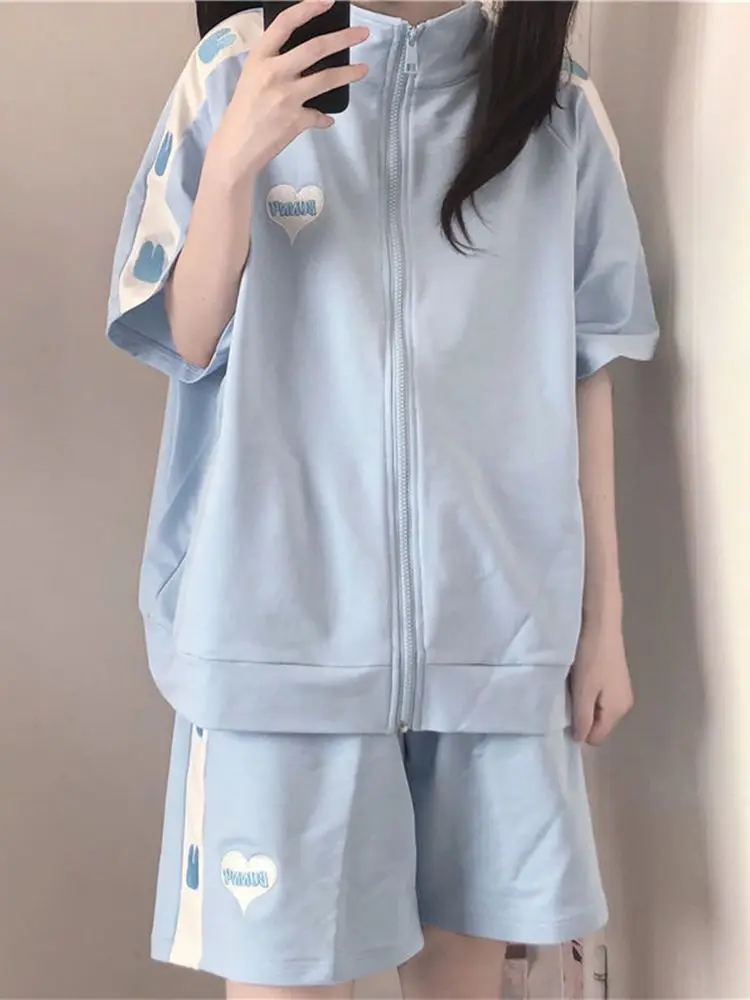 Summer Sports Suit for Women Korean Loose Preppy Style Short Sleeved Zipper Sweatshirt + Drawstring Shorts Women Casual Suits
