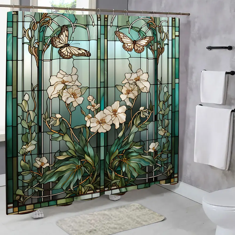 

Colourful Glass Meadow Flower Butterfly Print Polyester Fabric Shower Curtain Home Hotel Apartment Bathroom Shower Curtain Decor