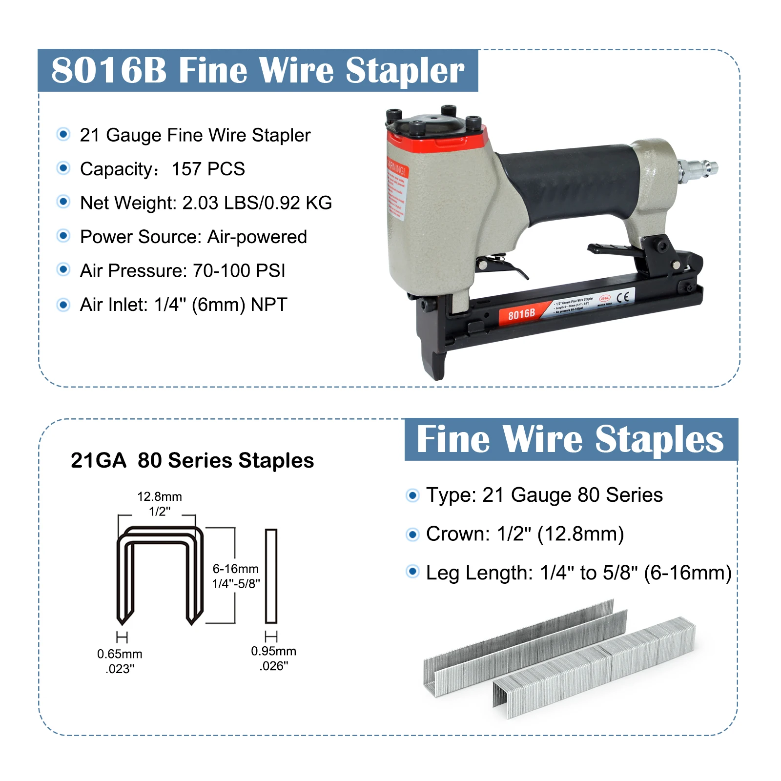 8016 21Gauge Industrial Upholstery Stapler Fine Wire Air Stapler Gun for Furniture Making Thin Board