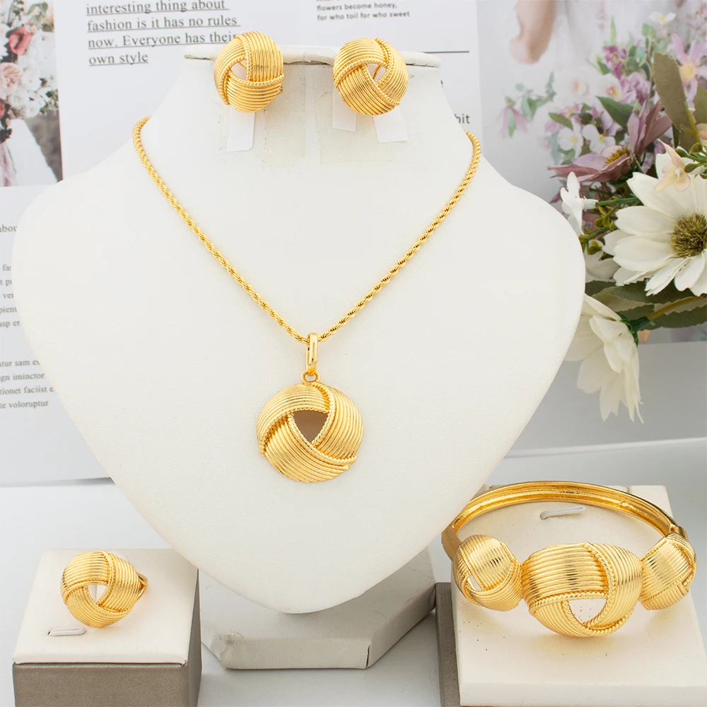 Dubai Gold Color Jewelry Sets For Women African Fashion Necklace Earring Bangle Ring Jewelry Wedding Luxury Quality Bridal Gift