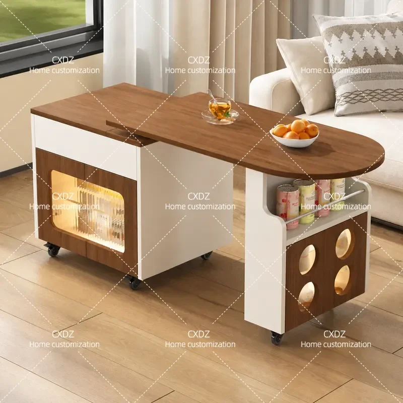 Medium Cream Solid Wood Movable Lifting Rotating Coffee Table Living Room Household Small Side Table Sofa Side Cabinet